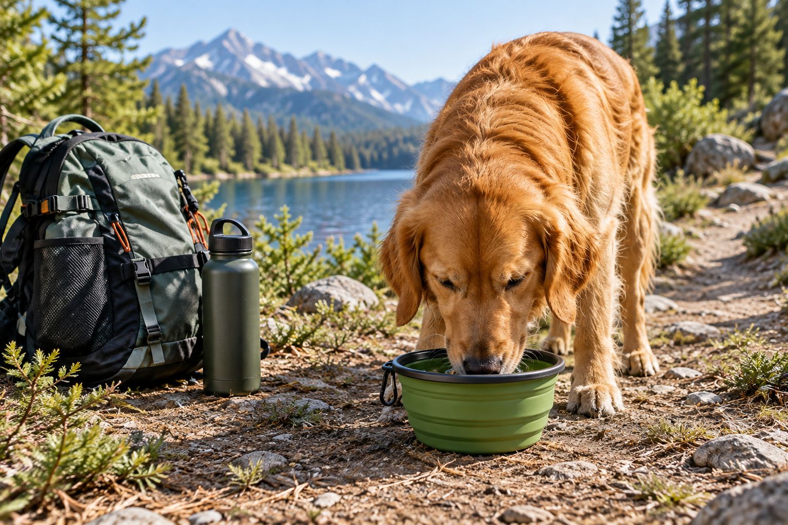Dog drinking from an expanded travel bowl on level ground beside a trail