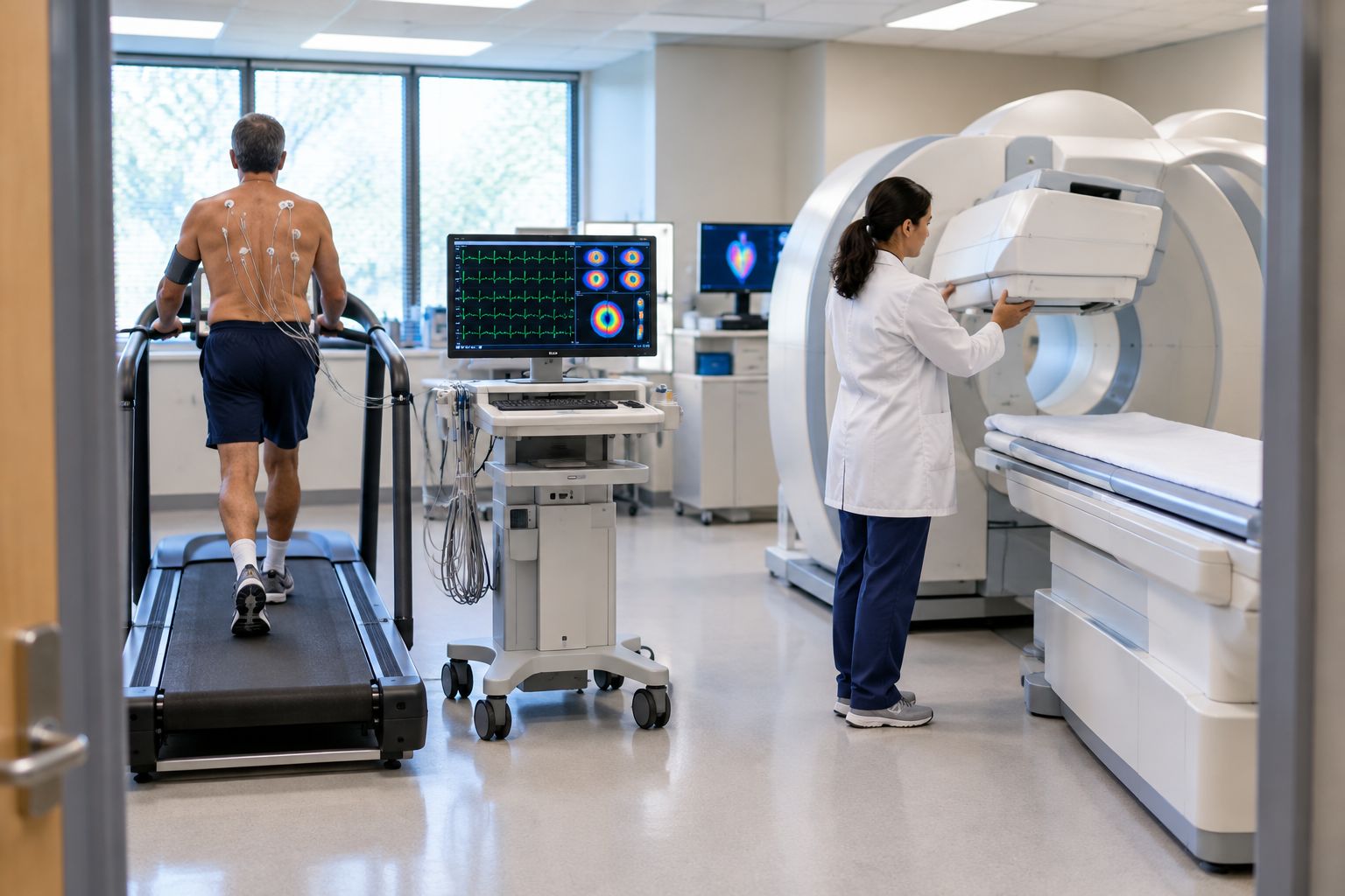 Nuclear cardiology stress lab with treadmill station and SPECT camera