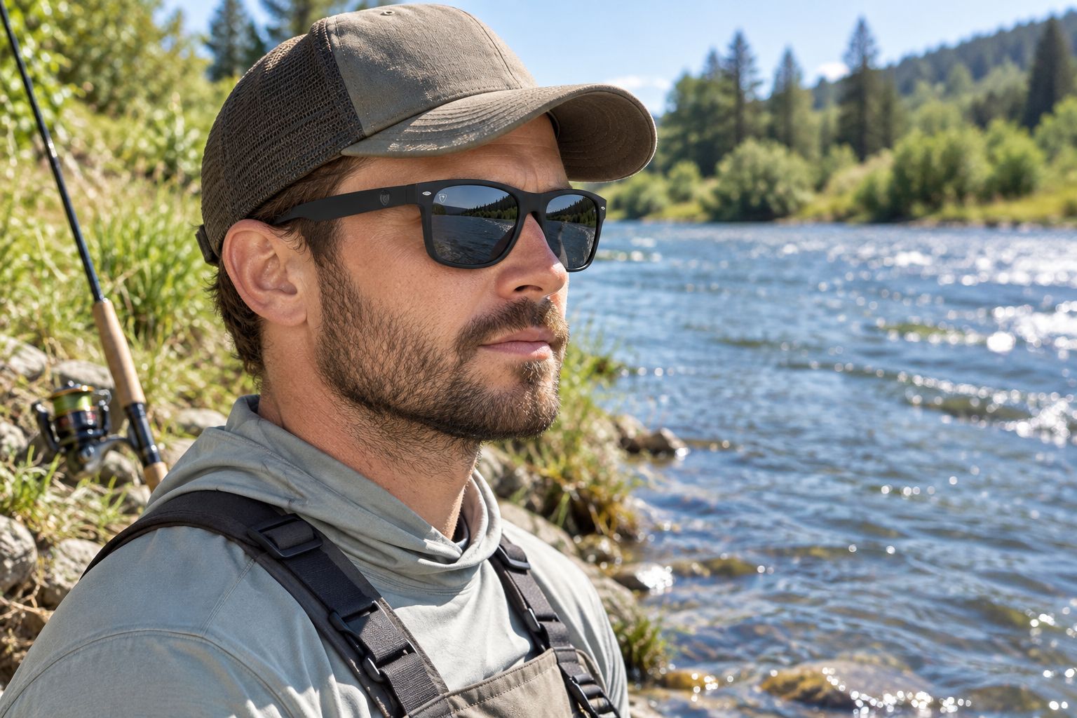 Angler wearing grey lens polarised sunglasses scanning a river for fish