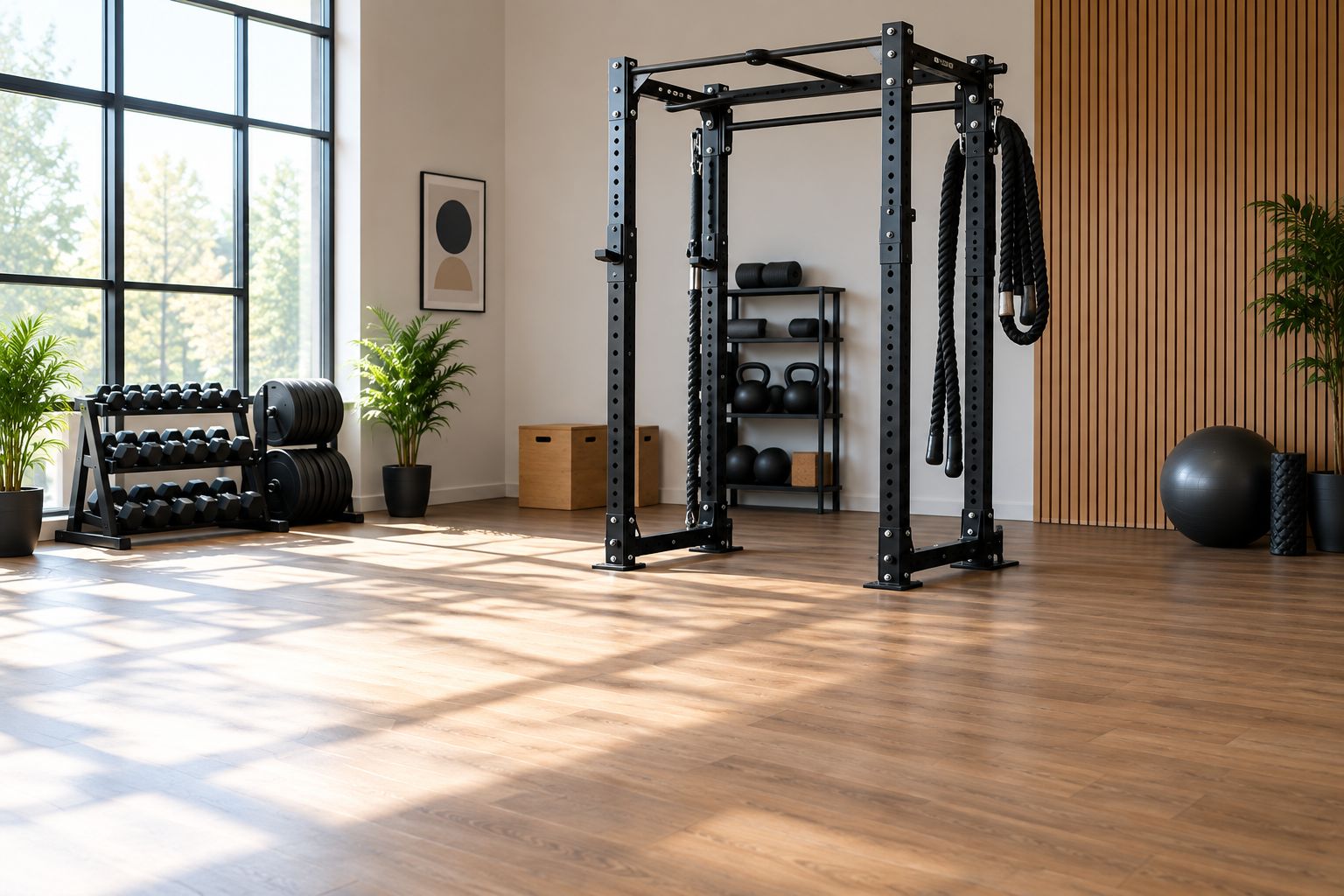 Freie Bodenfläche vor einem Power Rack in einem Studio