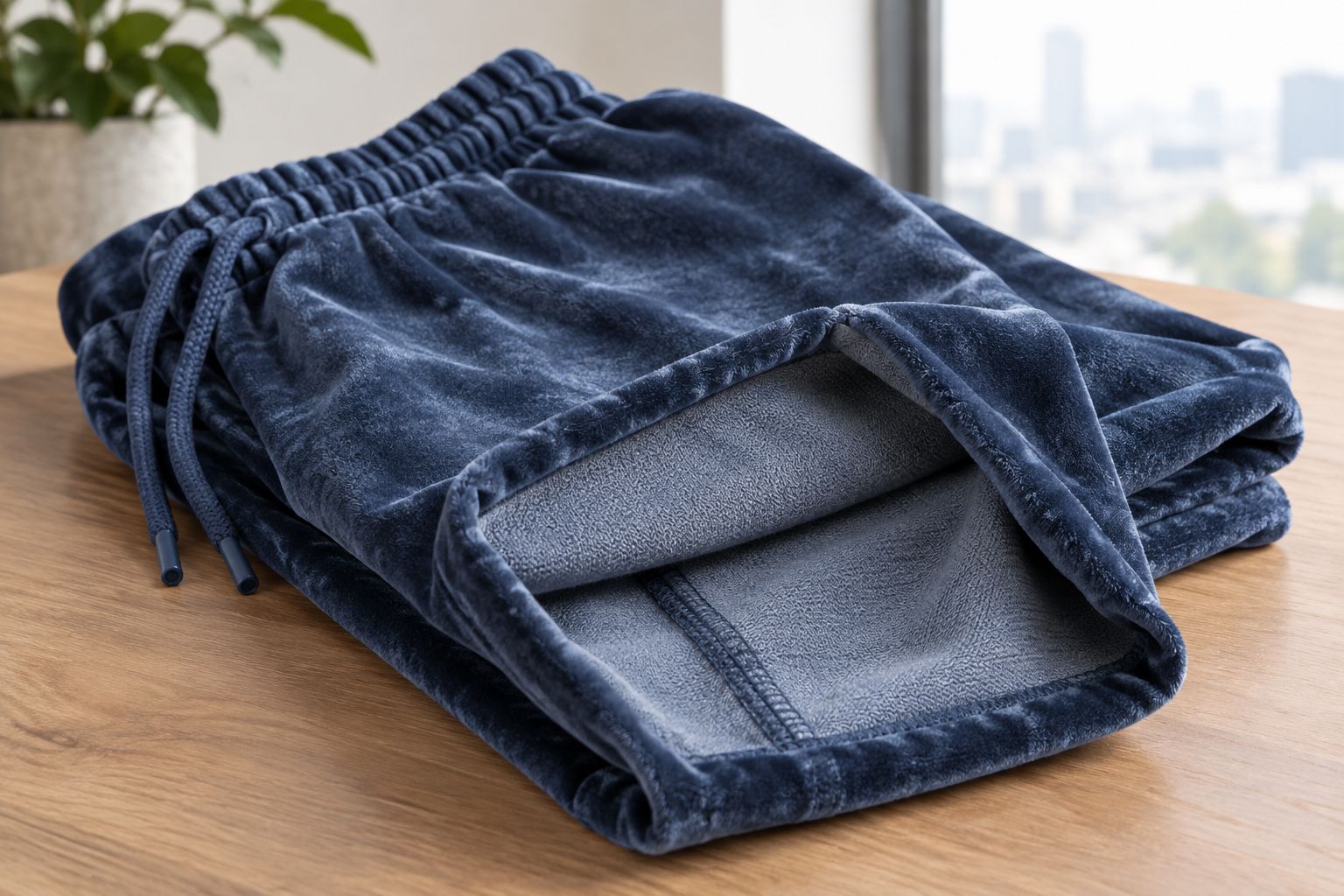 Velour fabric folded back to show its pile exterior, reverse face, and interior seam