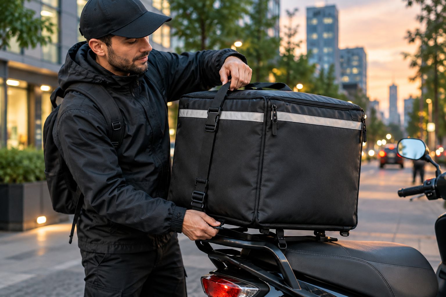 Courier loading an insulated food delivery bag onto a scooter rack
