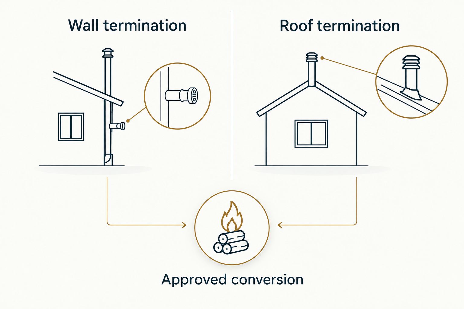 Wall and roof termination options, with propane conversion shown as a separate fuel decision