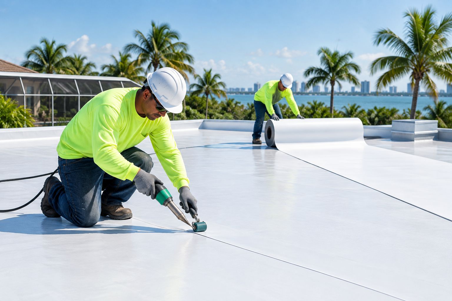 Crew installing white TPO membrane on a Florida flat roof