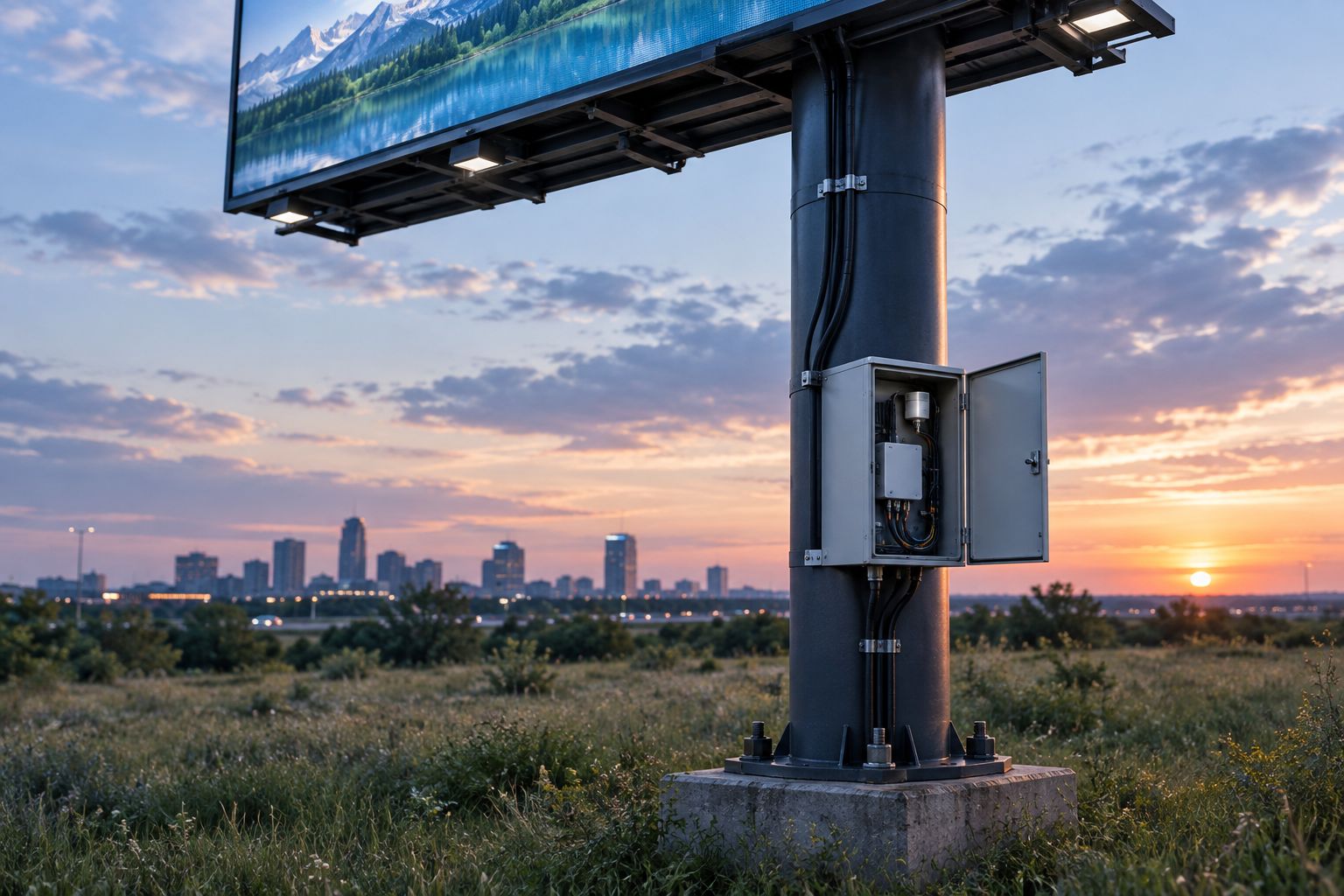 Steel billboard pole with a sealed electronics cabinet mounted at its base, door slightly open