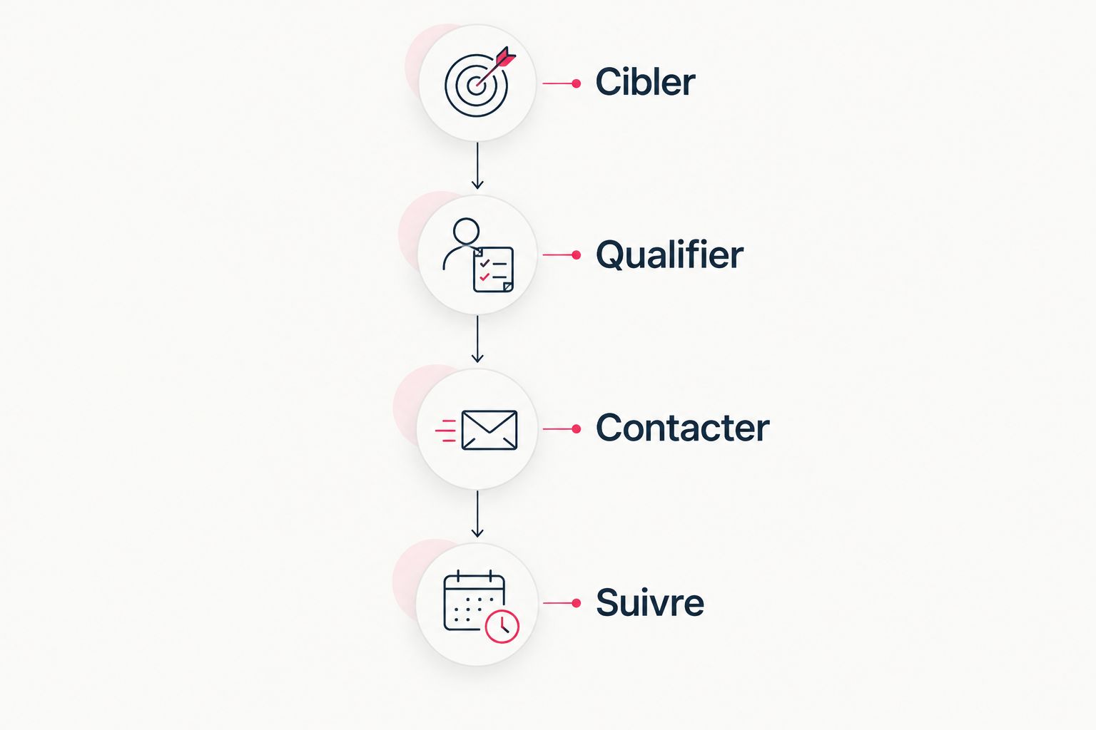 Parcours commercial du cabinet : cibler, qualifier, contacter et suivre.