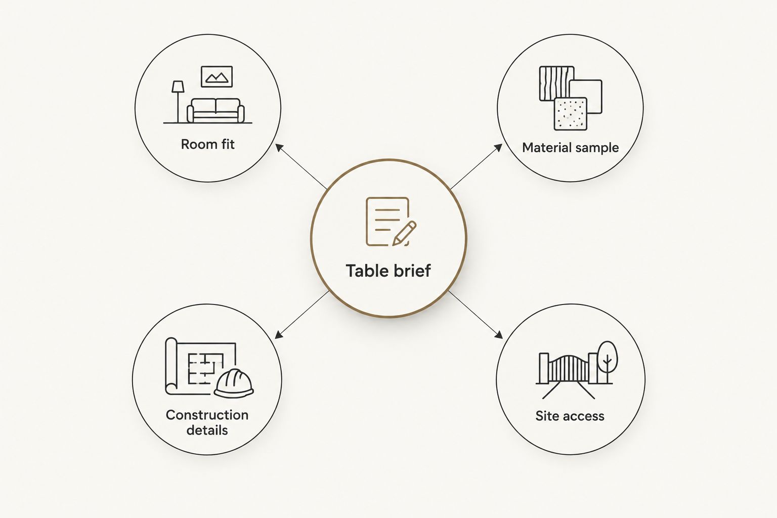 A table brief connects room fit, material samples, construction details, and site access.