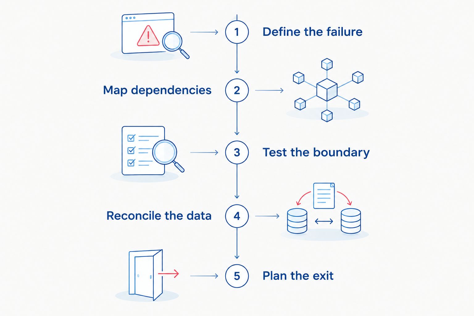 Five approval checks covering failure definition, dependencies, technical testing, data reconciliation, and exit planning.