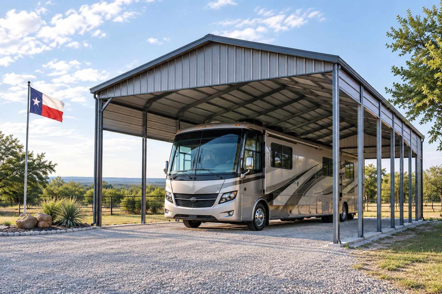 Tall metal carport with vertical roof sheltering a large motorhome
