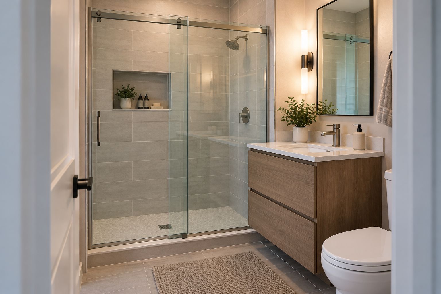 Bypass shower panels beside a vanity in a bathroom with limited swing clearance