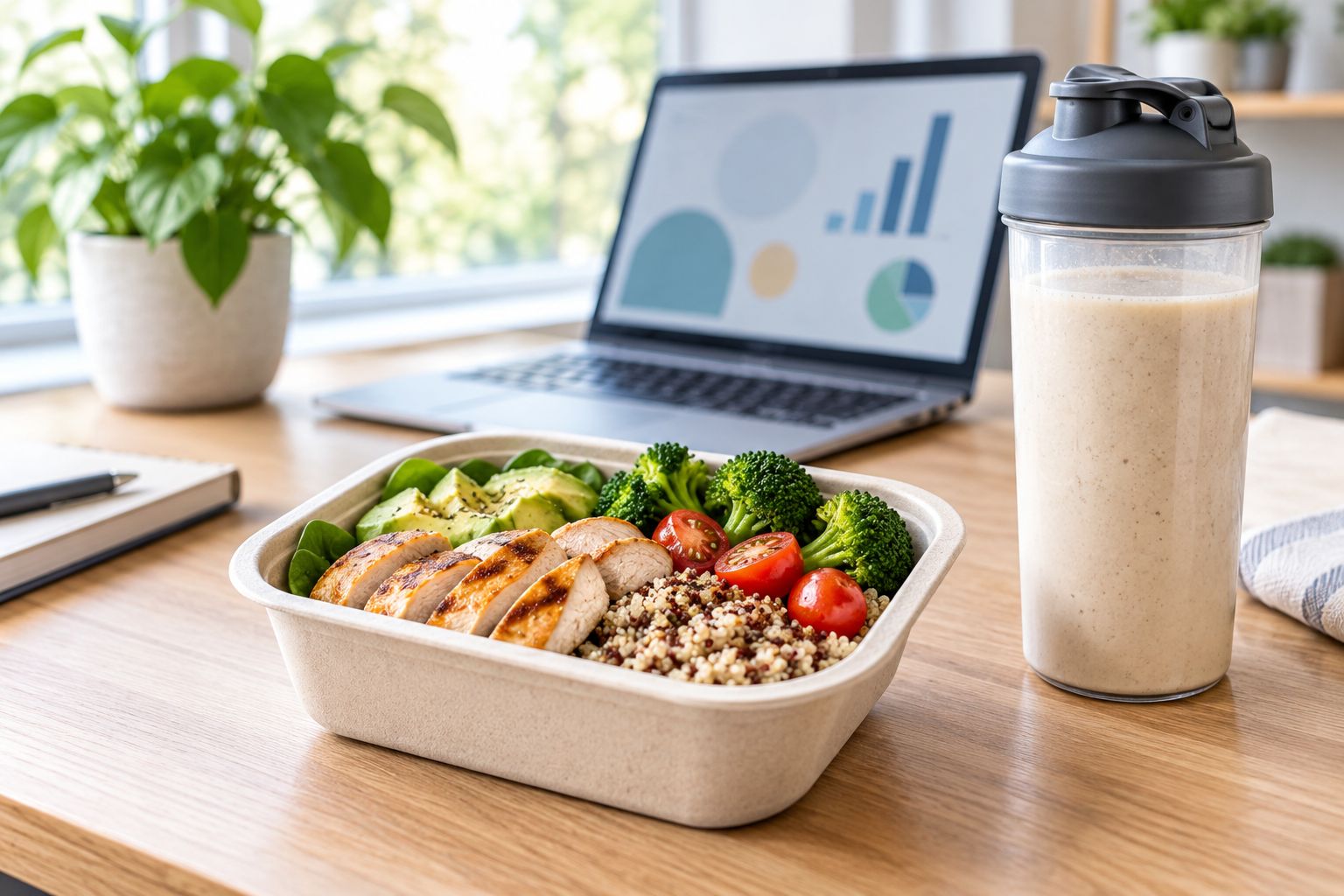 Gotowy posiłek wysokobiałkowy i shake proteinowy na biurku