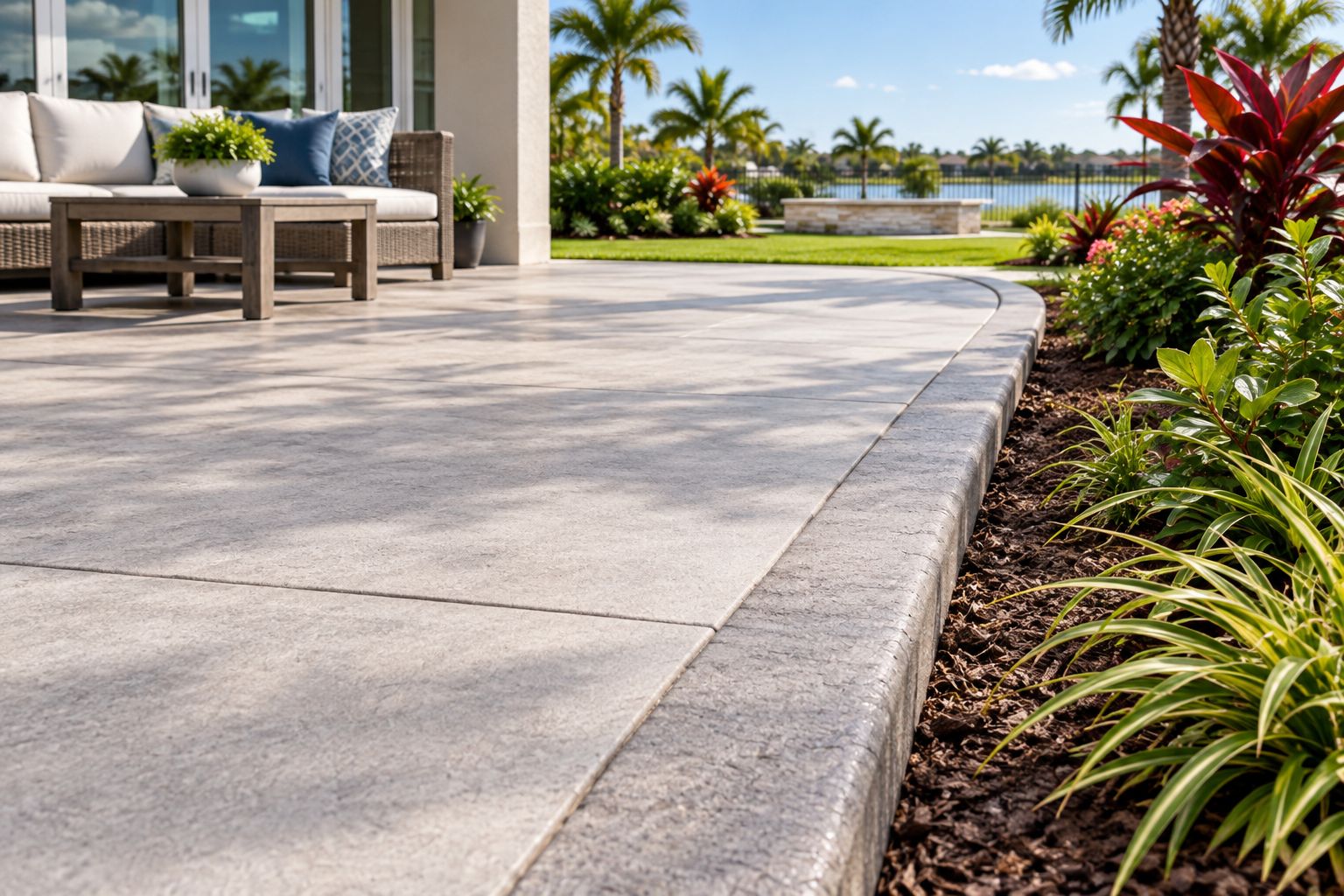 Raised concrete garden curb beside a flat backyard patio