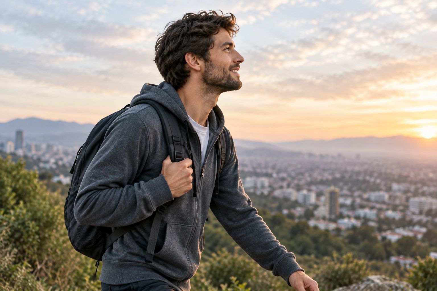 Traveler checking hoodie sleeves and neckline while wearing a day bag