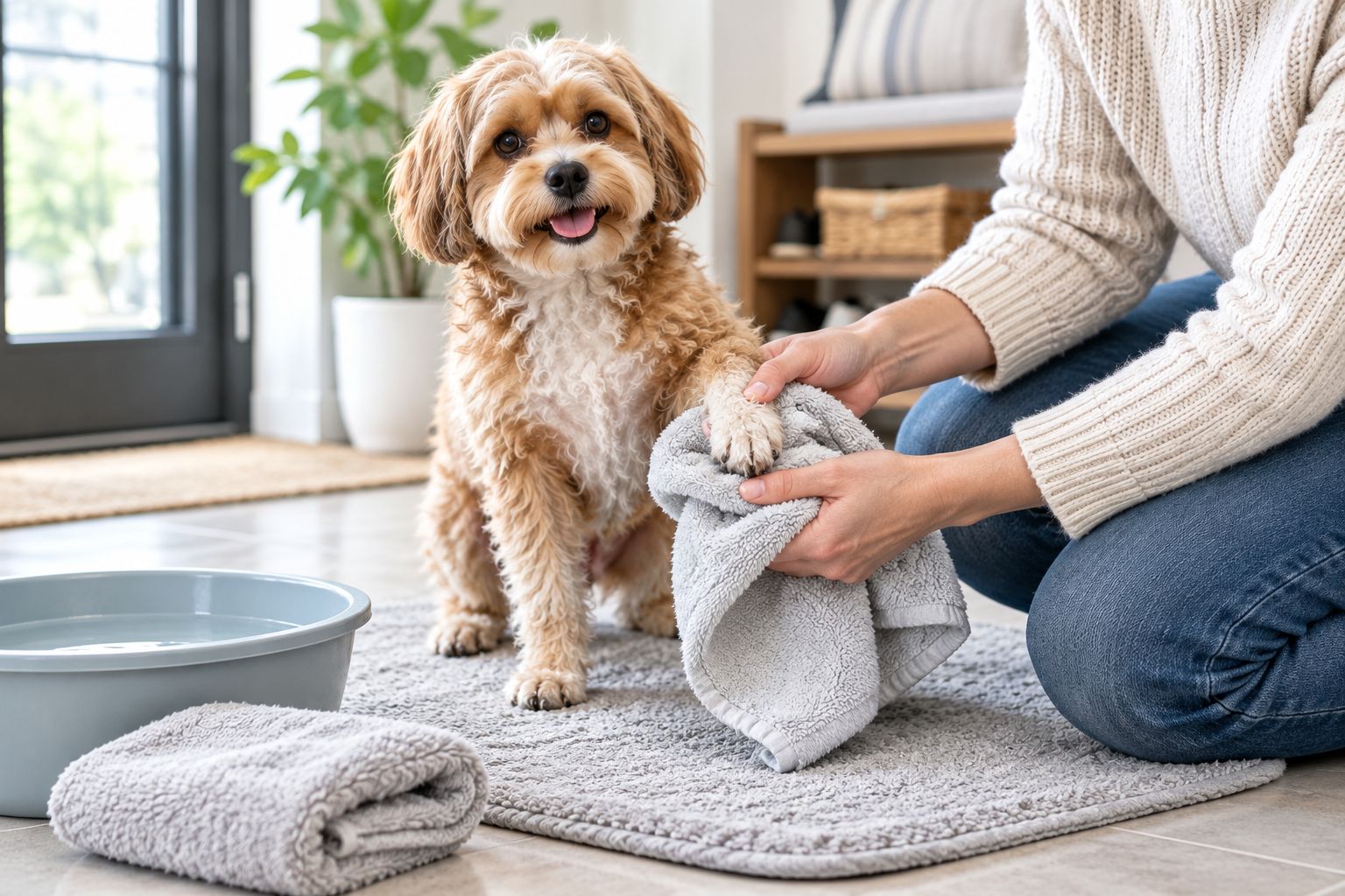 Small dog having a front paw towel-dried beside a prepared entryway cleaning area