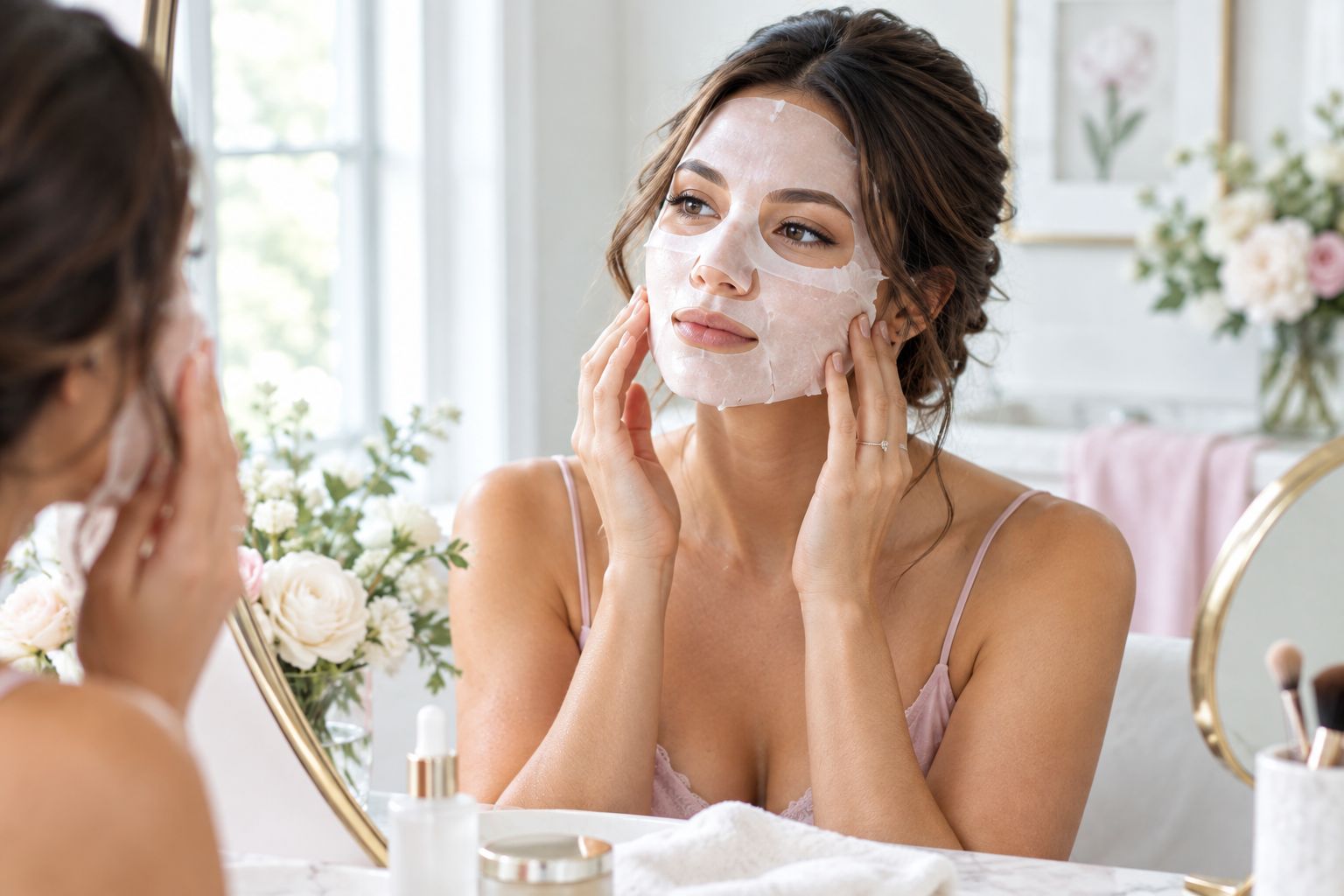 Woman applying a hydrating sheet mask at a vanity mirror