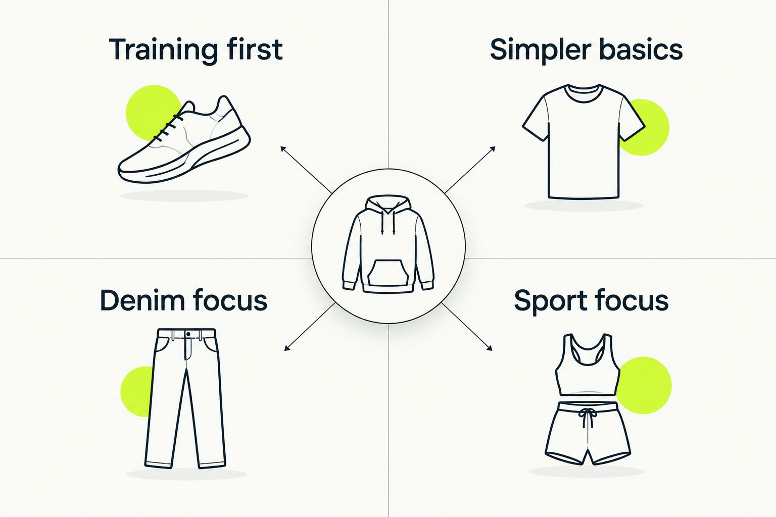 Four shopping priorities: training first, simpler basics, denim focus, and sport focus.