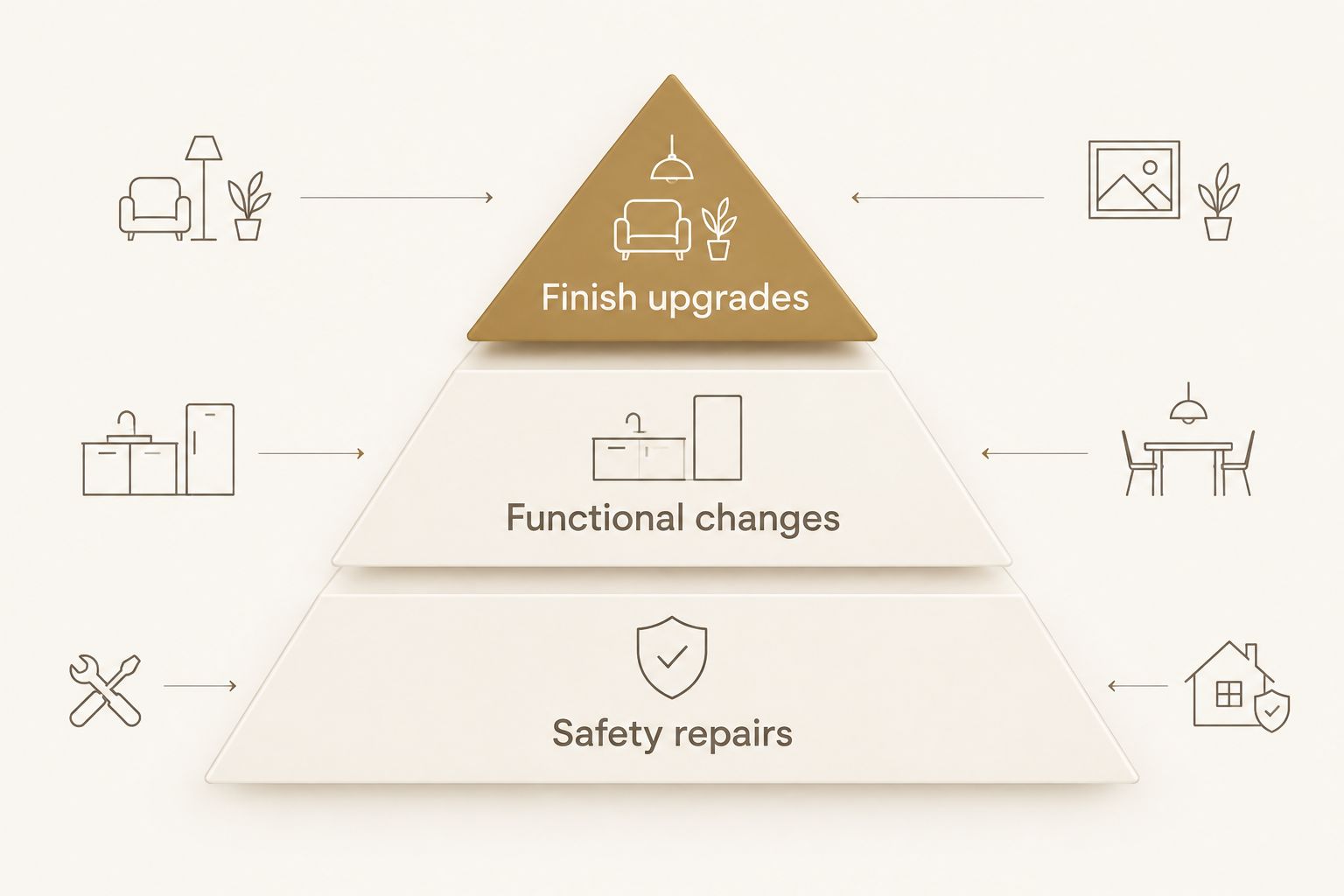 Renovation priority pyramid with safety repairs below functional changes and finish upgrades