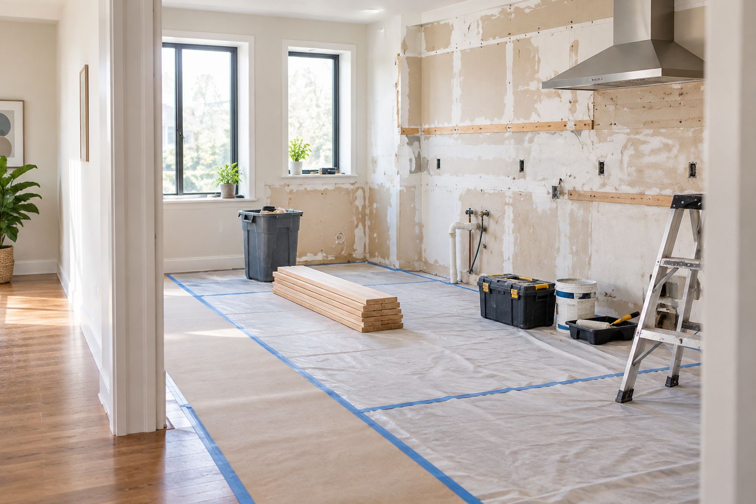 Kitchen remodeling area with protected flooring and a separate household walkway