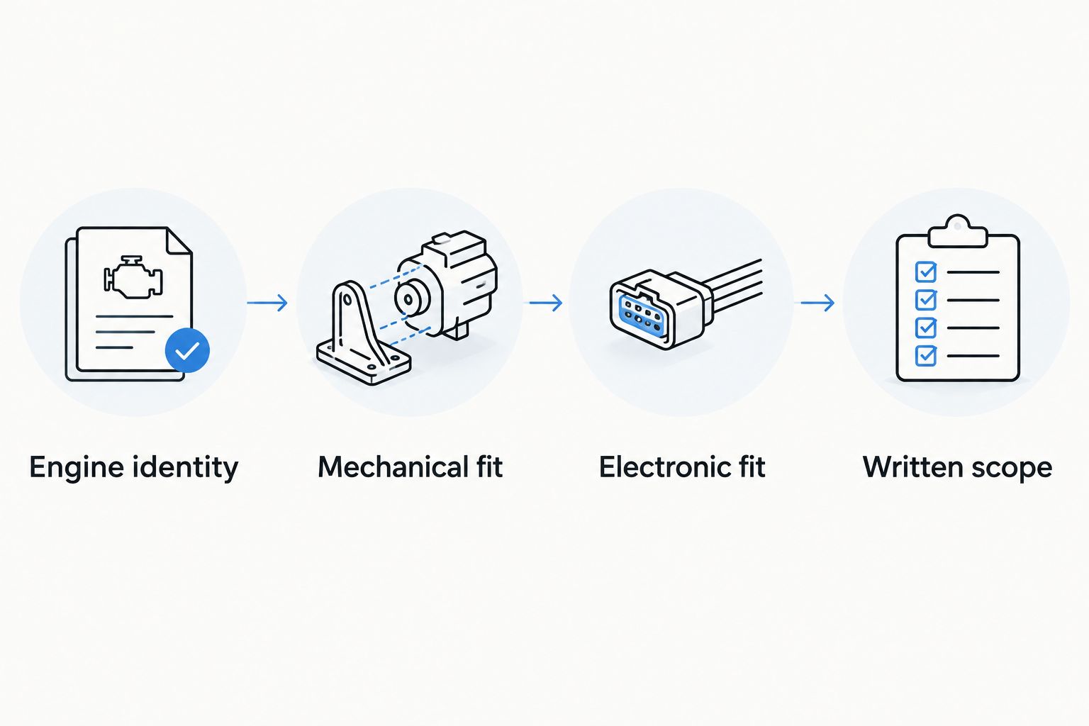 Four checks for an engine replacement: identity, mechanical fit, electronic fit, and written scope