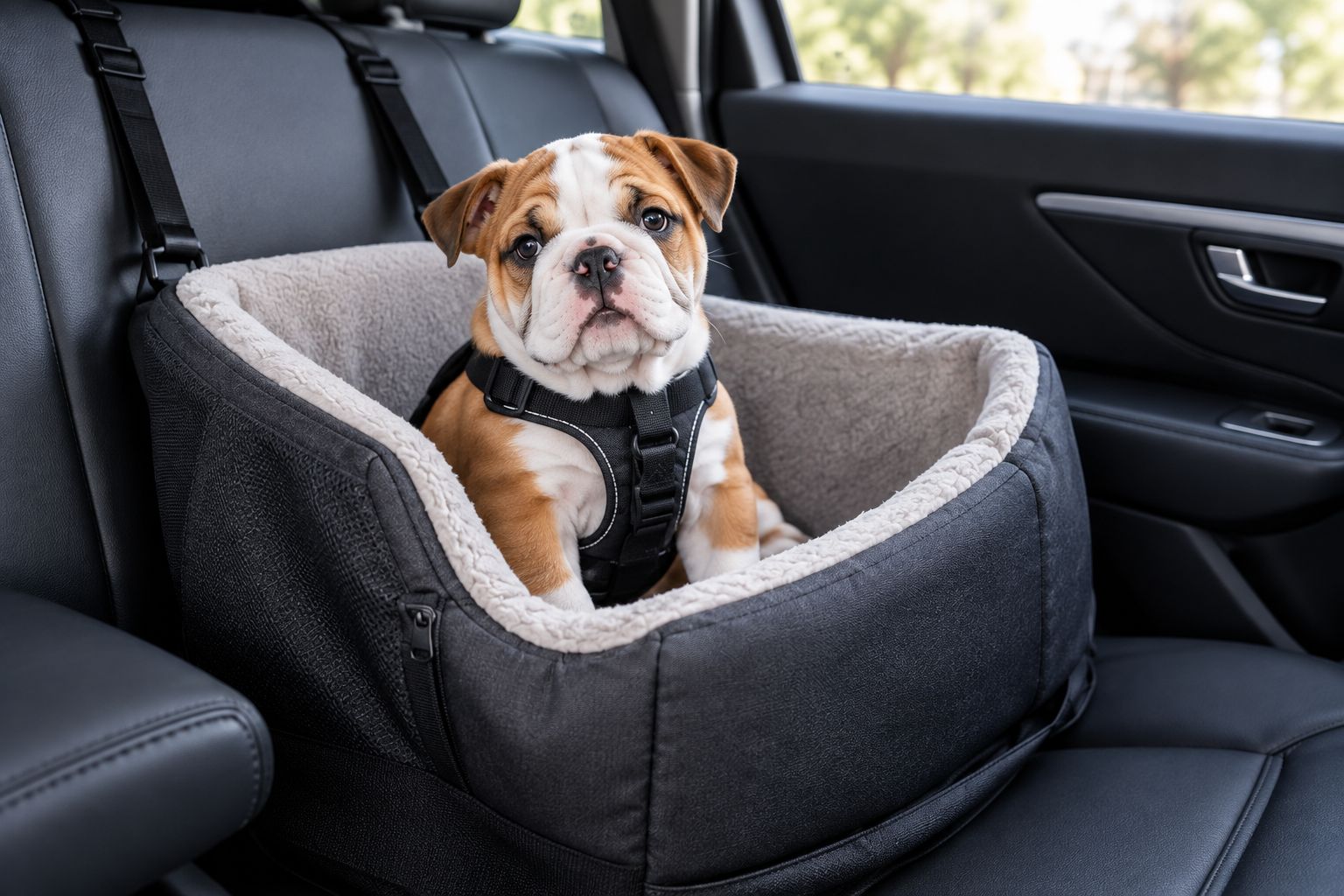 Bulldog puppy riding in a rear-facing carrier car seat in the back seat