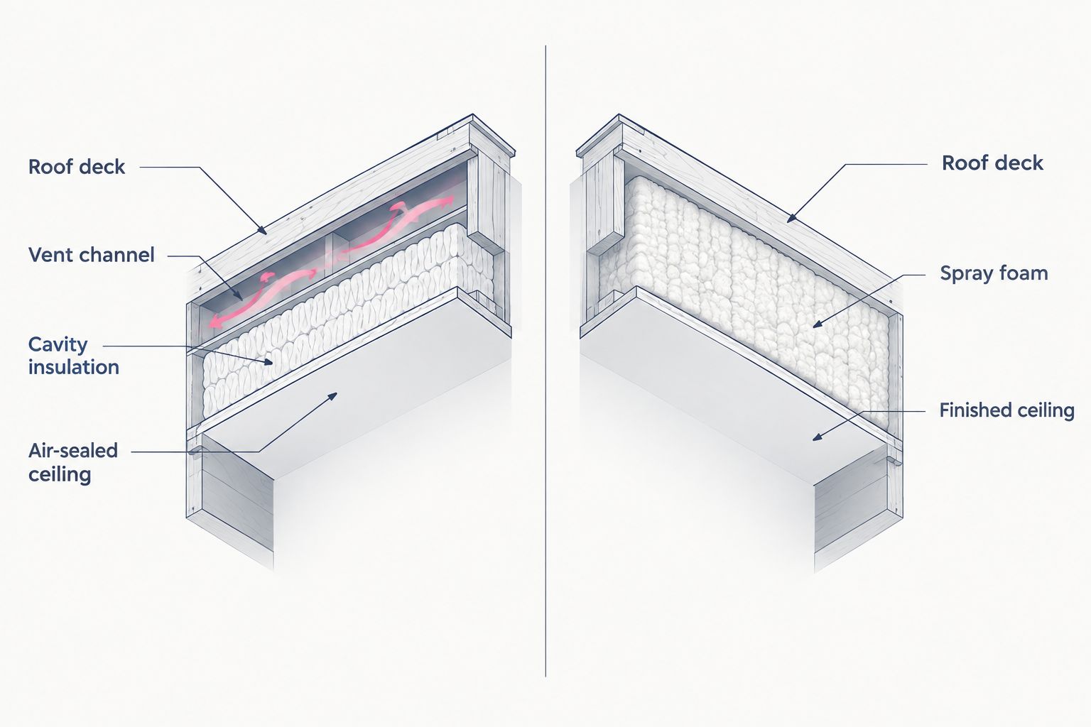 Side-by-side roof sections showing a vent channel above cavity insulation and spray foam beneath an unvented roof deck