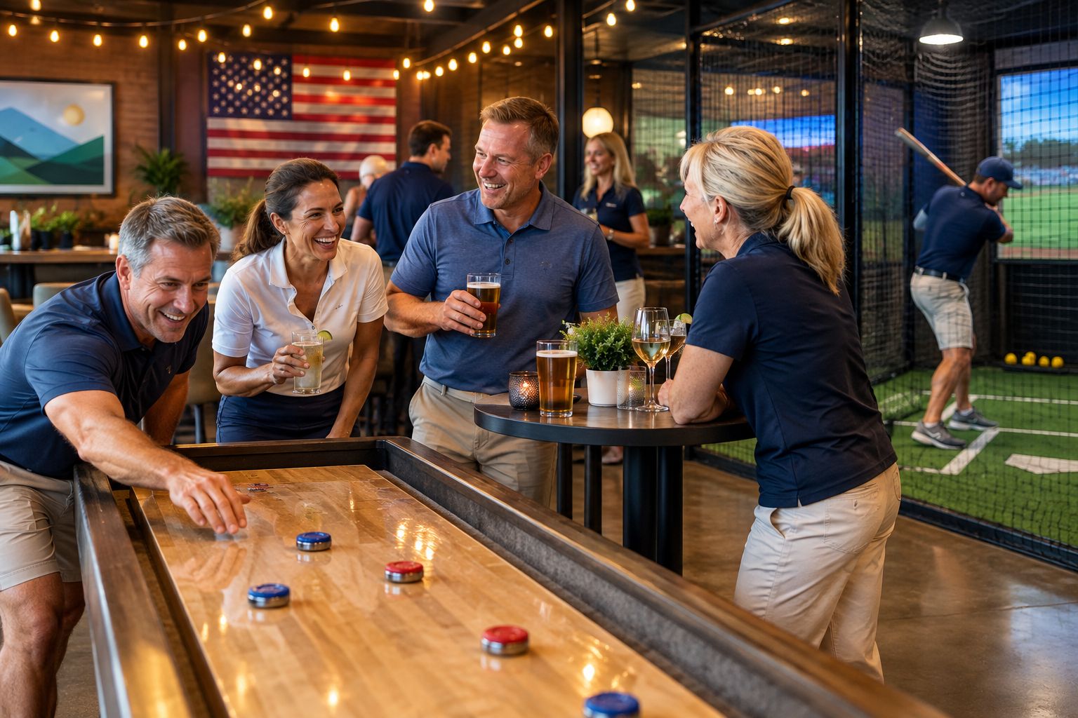 Golf society members playing shuffleboard and batting cage games indoors