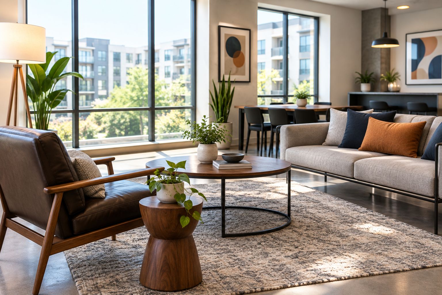 Lounge condominiale arredata con sedute replica in stile Mid-Century