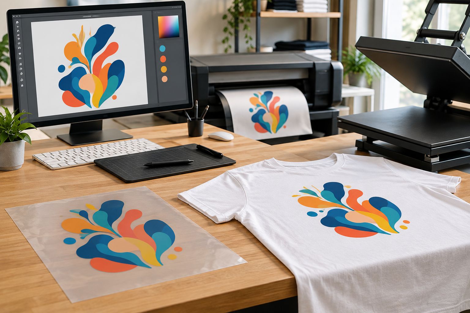 Plain shirt and transfer beside a heat press, with the print area clear of seams