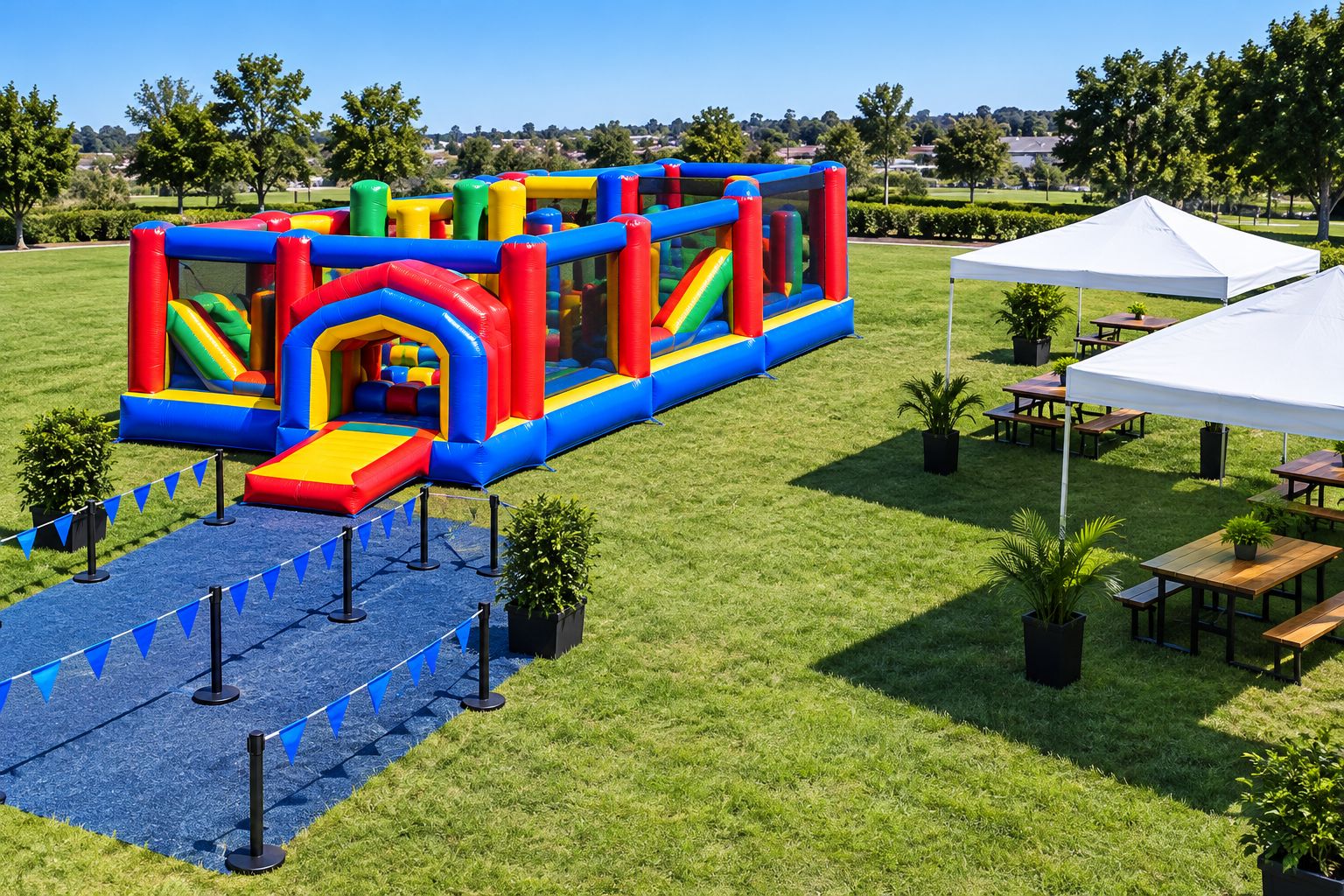 Illustrative outdoor obstacle course layout with separate waiting and shaded gathering areas