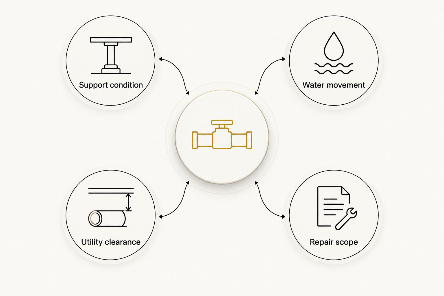 Four assessment areas: support condition, water movement, utility clearance, and repair scope.