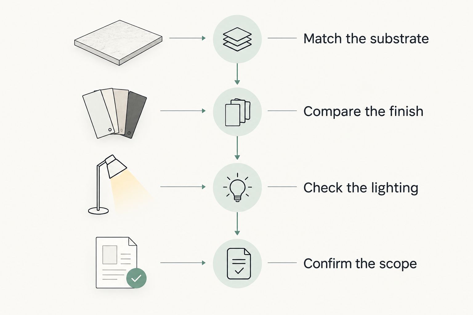 Four steps for approving bedroom plaster, from substrate matching to confirming the project scope.