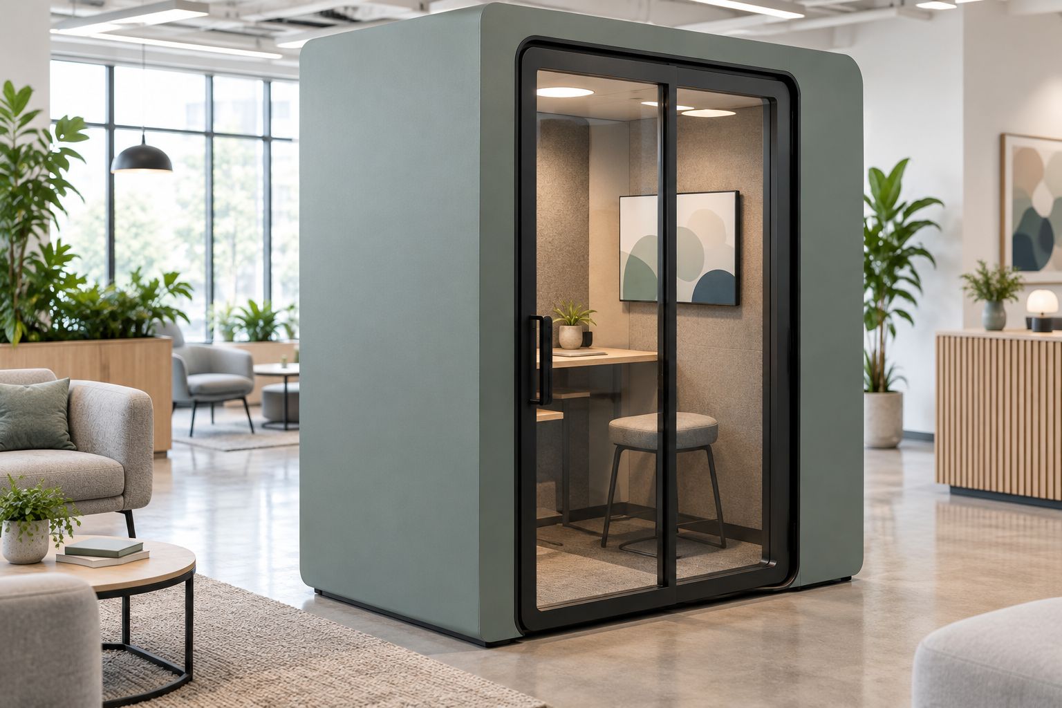 Generic office booth showing two exterior faces in a reception area