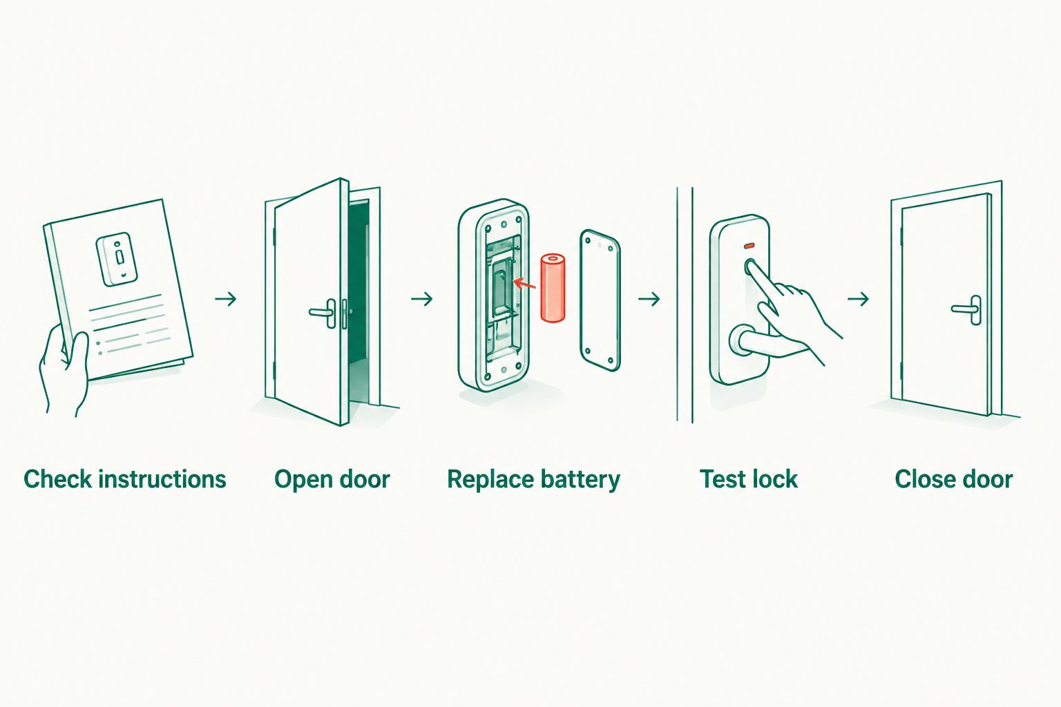 Safe battery replacement sequence from checking instructions to closing the door