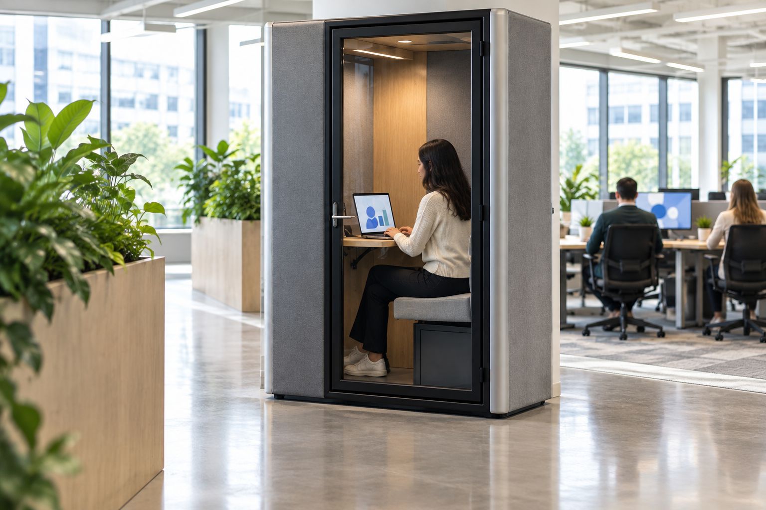 Enclosed phone booth beside office desks and a walkway, showing sightlines towards the person inside