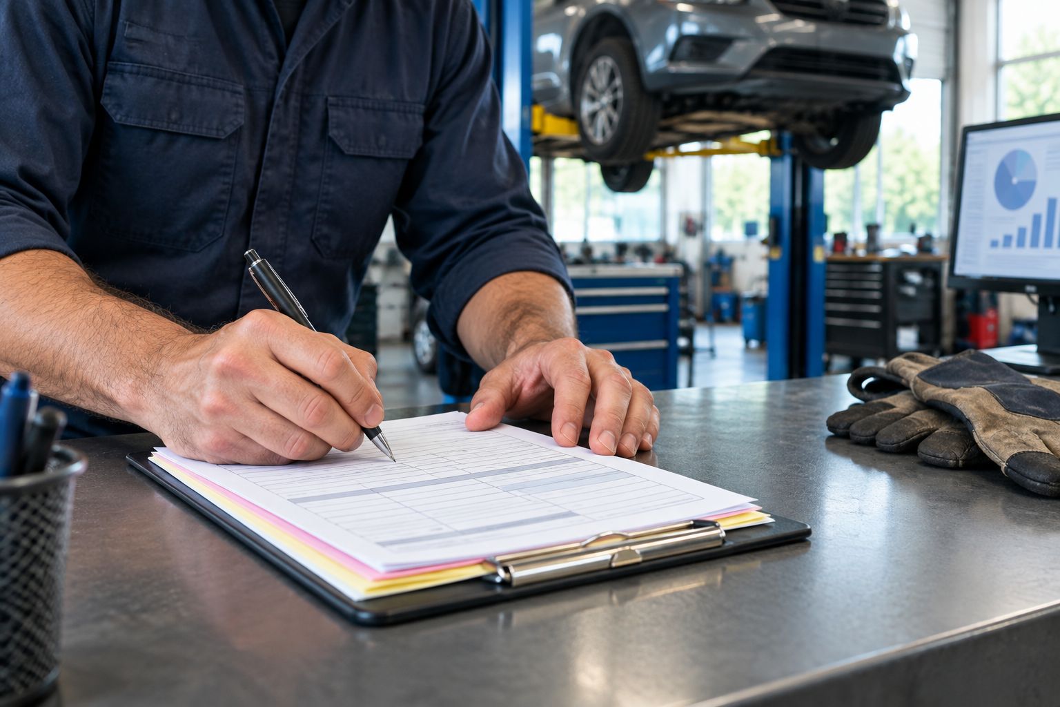 Mechanic filling out a multi-part carbonless repair order form at a shop counter