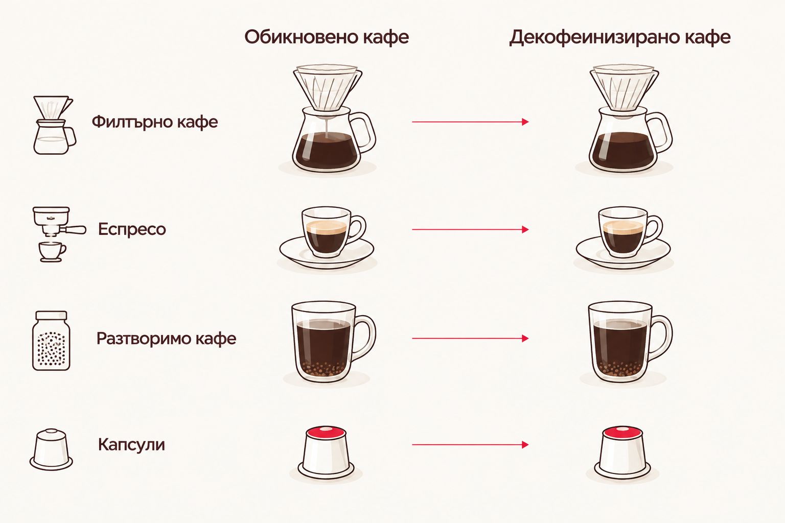Сравнение на кофеин в обикновено и декофеинизирано кафе по видове