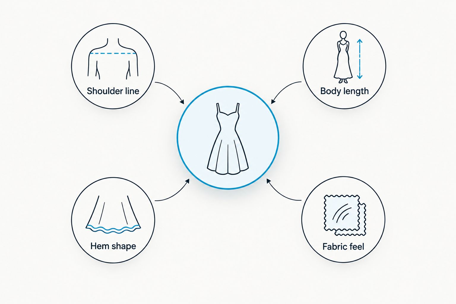Fit diagram showing shoulder line, body length, hem shape and fabric feel
