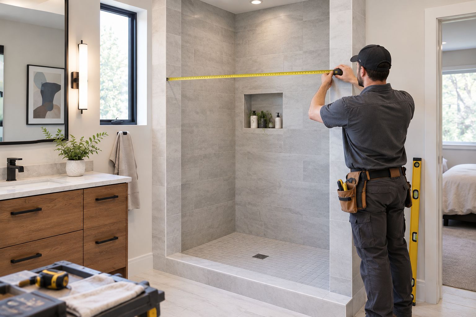 Checking the width and wall alignment of a finished tiled shower opening