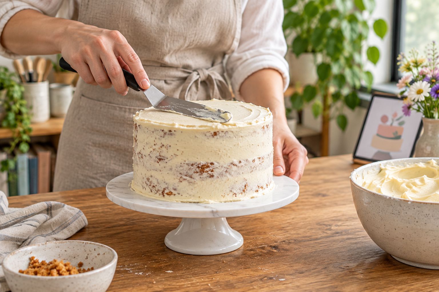 A home baker spreading a thin crumb coat over a round cake