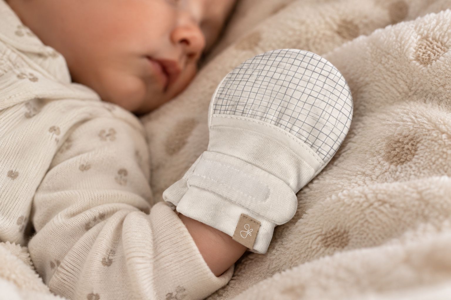 Close-up illustration of a separate mitten at a baby's wrist