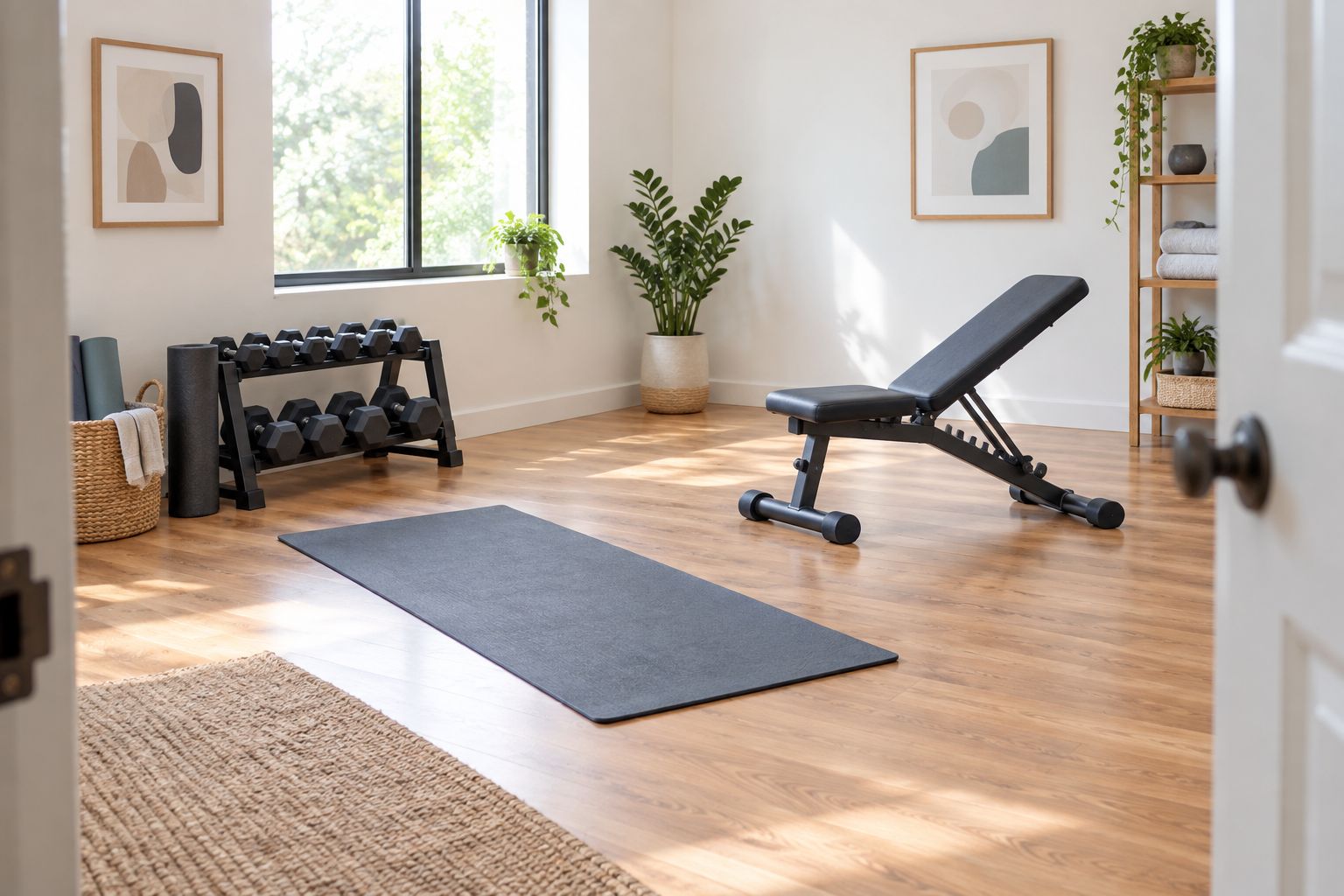 Home exercise area with dumbbells, a mat, a bench, and a clear walking route