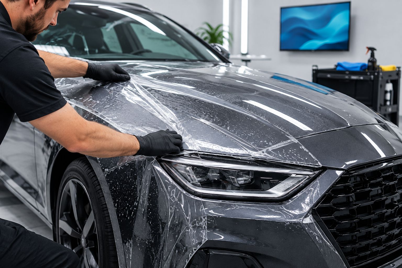 Transparent protective film being positioned along a car's painted panel edge