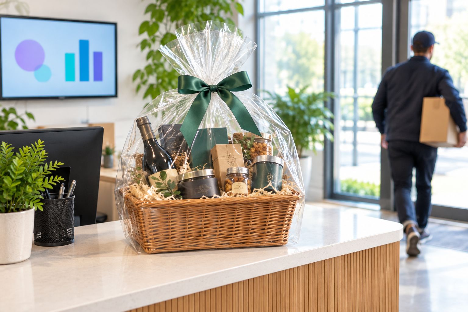 Gift hamper delivered to an office reception desk