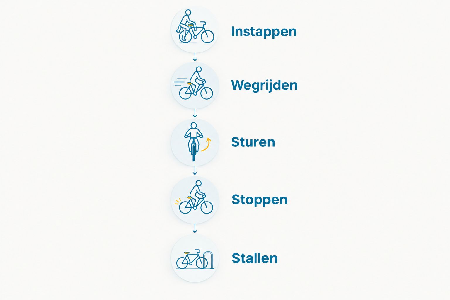 Vijf controles tijdens een proefrit: instappen, wegrijden, sturen, stoppen en stallen.