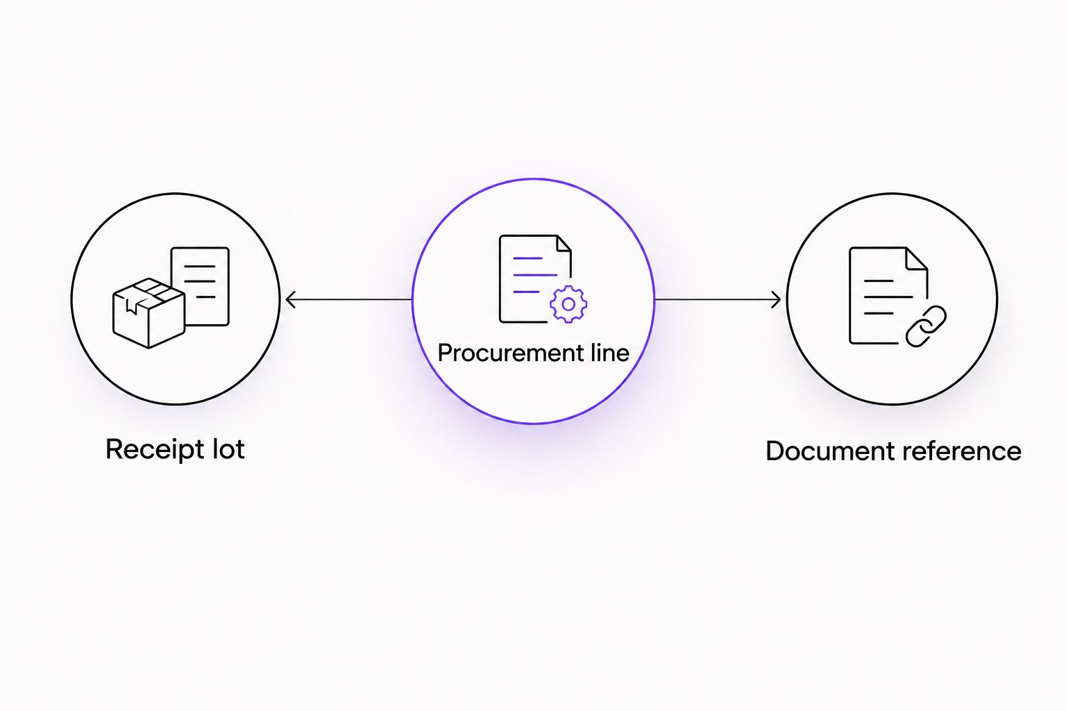 Procurement line linked separately to a receipt lot and a document reference