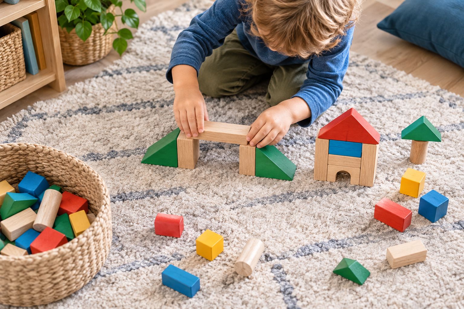 A child arranging wooden blocks into a bridge and house beside a basket