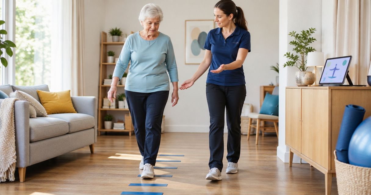 How does a home physio assess walking and balance in seniors?
