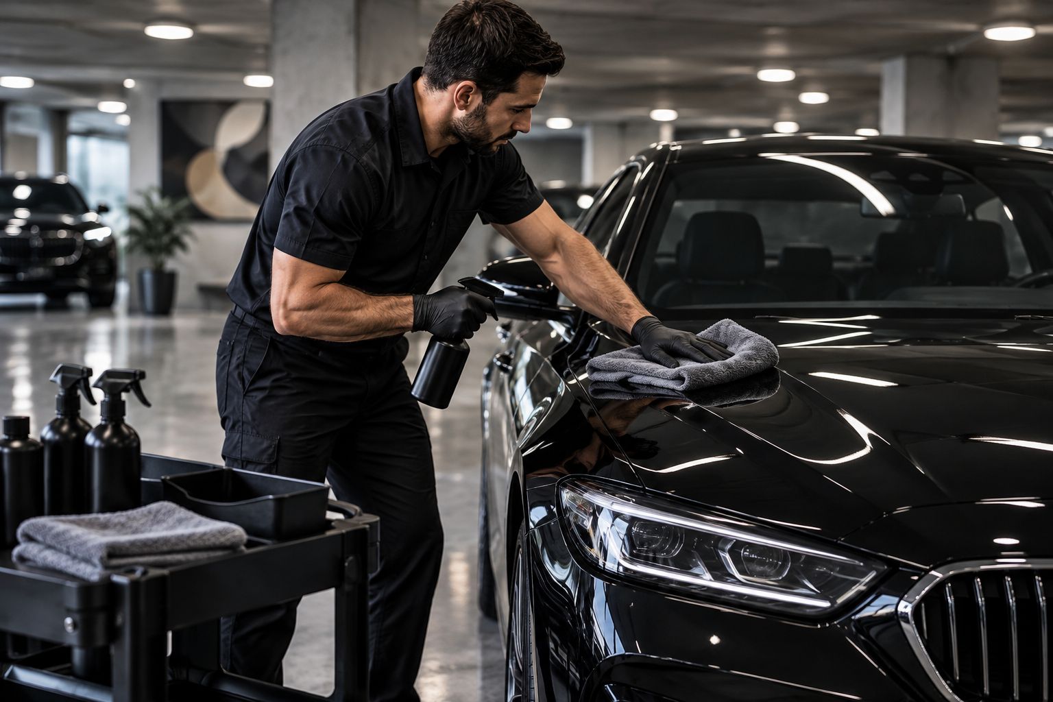 Technician hand-drying a luxury sedan hood with a microfiber towel in a parking garage