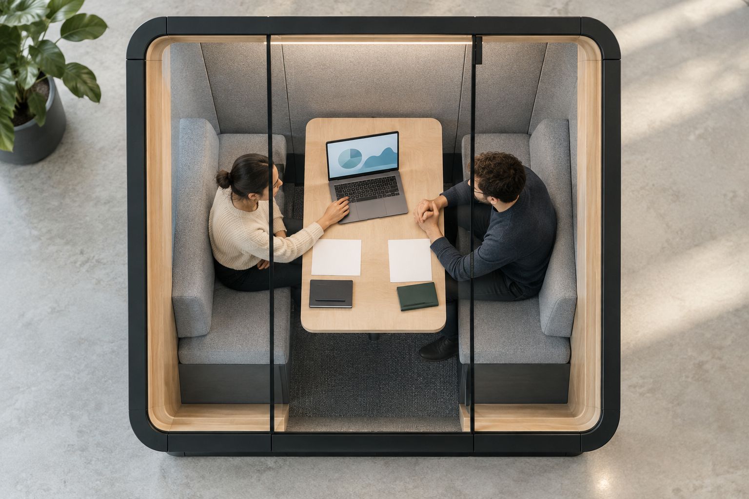 Overhead view of two people sharing a laptop and documents inside a generic meeting booth