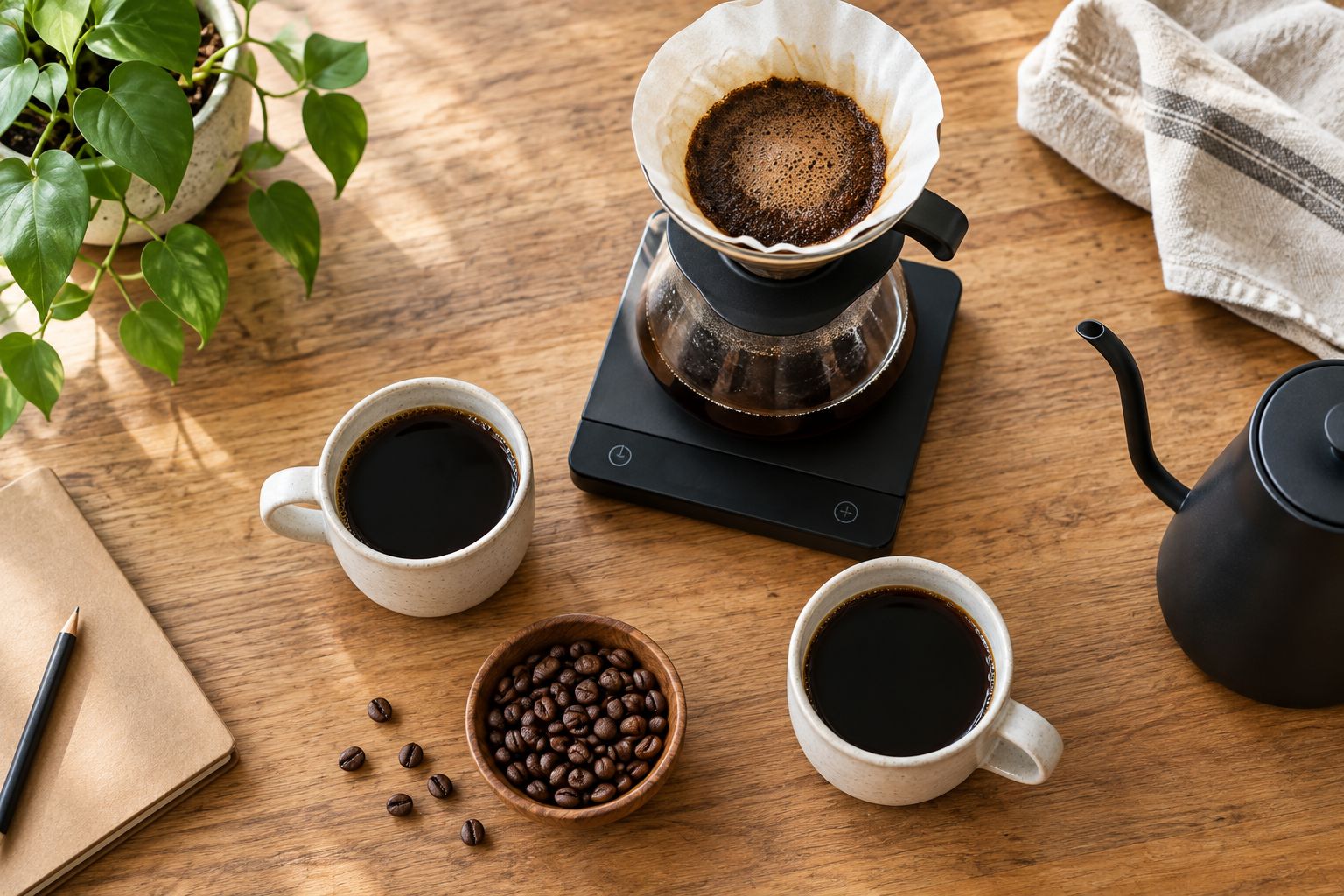Two cups of coffee beside a pour-over dripper, scale, and roasted beans